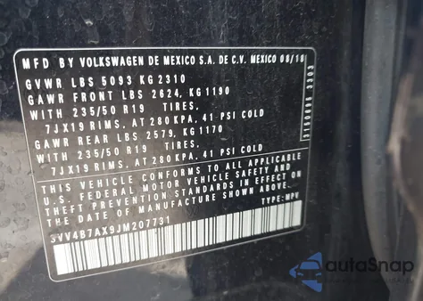 2018 Volkswagen Tiguan 2.0T Sel Premium from USA, damaged, VIN 3VV4B7AX9JM207731